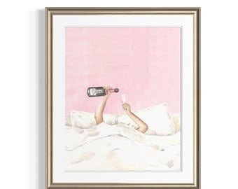 Pink Champagne Watercolor Art Print, Bottle Poster