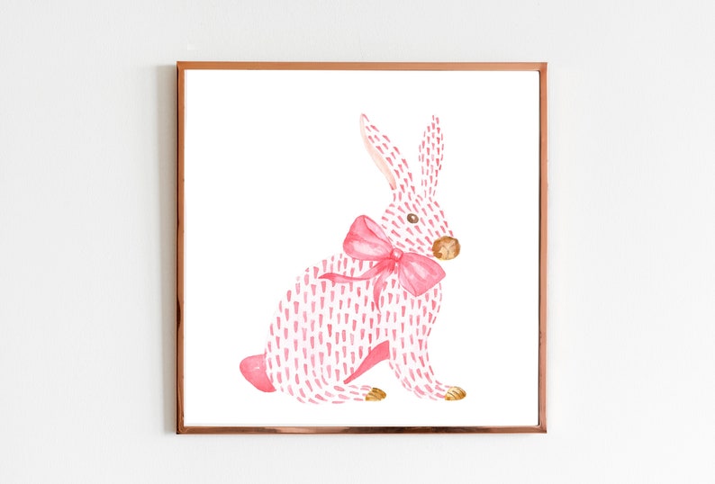 Pink Rabbit and Bow Painting, Watercolor Bunny Print, Pink Bow Art, Chinoiserie Wall Art, Nursery Wall Print, Girls Room Decor, Asian Print image 1