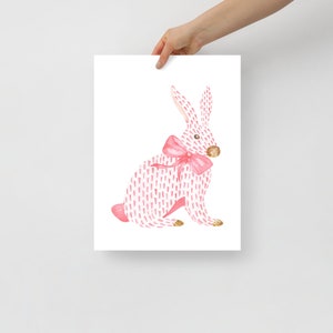 Pink Rabbit and Bow Painting, Watercolor Bunny Print, Pink Bow Art, Chinoiserie Wall Art, Nursery  Wall Print, Girls Room Decor