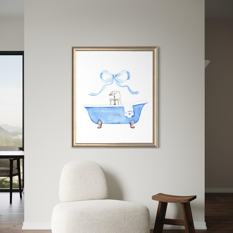 Impression d'art aquarelle avec noeud de salle de bain bleu, baignoire bleue, cadeau pour elle, art de salle de bain vintage, salle de bain de ferme, peinture de baignoire image 13