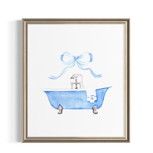 Impression d'art aquarelle avec noeud de salle de bain bleu, baignoire bleue, cadeau pour elle, art de salle de bain vintage, salle de bain de ferme, peinture de baignoire image 1