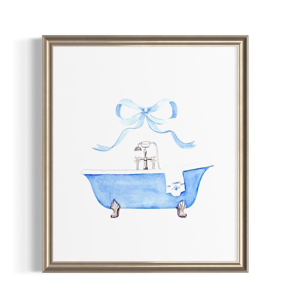 Blue Bathroom Vintage Bow  Watercolor Art Print, Blue Bathtub, Gift For Her, Vintage Bathroom Art, Farmhouse Bathroom, Bathtub Painting
