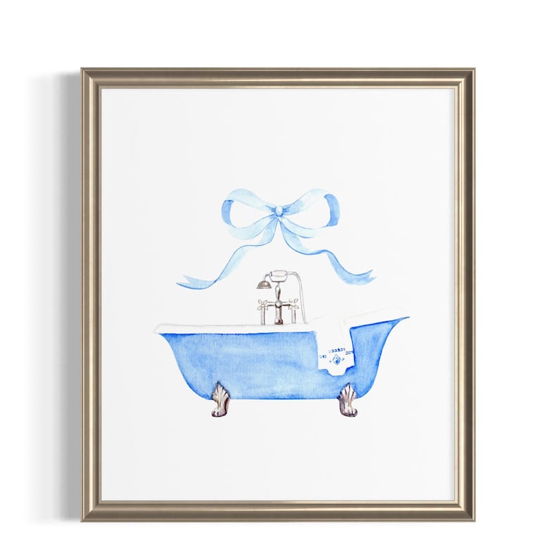 Impression d'art aquarelle avec noeud de salle de bain bleu, baignoire bleue, cadeau pour elle, art de salle de bain vintage, salle de bain de ferme, peinture de baignoire image 1