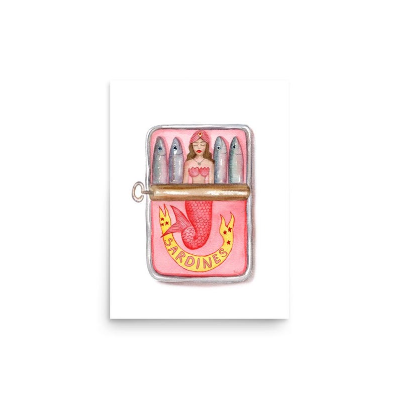 Mermaids Sardine Print, Watercolor Painting, Kitchen Wall Art, Tin Print, Retro Food Art, Funny Sardine Can,