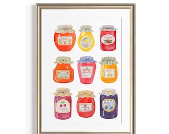 Jam Jar Watercolor Print Farmhouse Kitchen Wall Decor Food Illustration
