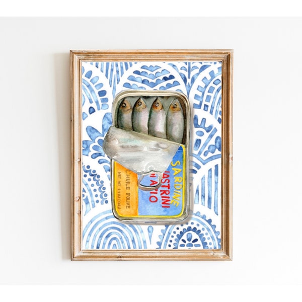 Tinned Sardines Watercolor Painting, New Home Gift, Kitchen Poster, Sardine Tin Art, Vintage Foodie Gift, Dad Gift Sardines, Trendy Kitchen