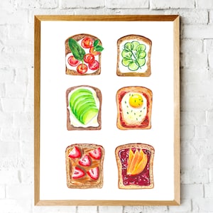 Poster di cibo Dipinto ad acquerello Stampa artistica per la colazione Decorazione da parete per cucina Arte pop alimentare Stampa di toast all'avocado Arte da parete con uova Regalo divertente Arte alimentare