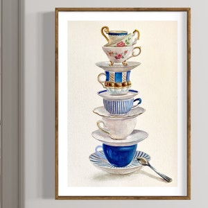 Tazze da tè Dipinto originale ad acquerello Arte da parete per cucina Regalo per gli amanti del tè Pila di tazze Tazza da tè Blu Bianco Natura morta Amanti del tè Arte ad acquerello