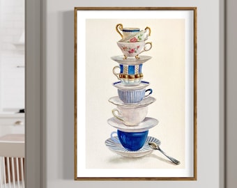 Tea Cups Original Watercolor Painting Kitchen Wall Art Tea Lover Gift Stack Of Cups Tea Cup Blue White Still Life Tea Lovers Watercolor Art