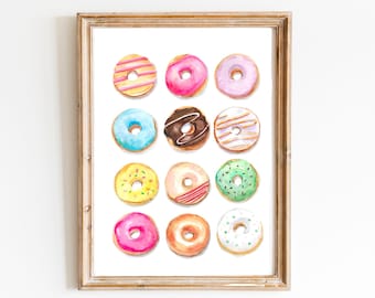 Donuts Watercolor Illustration, Colorful Wall Art, Dessert Painting, Kids Room Wall Decor, Donut Birthday Gift, Chocolate Donut Print