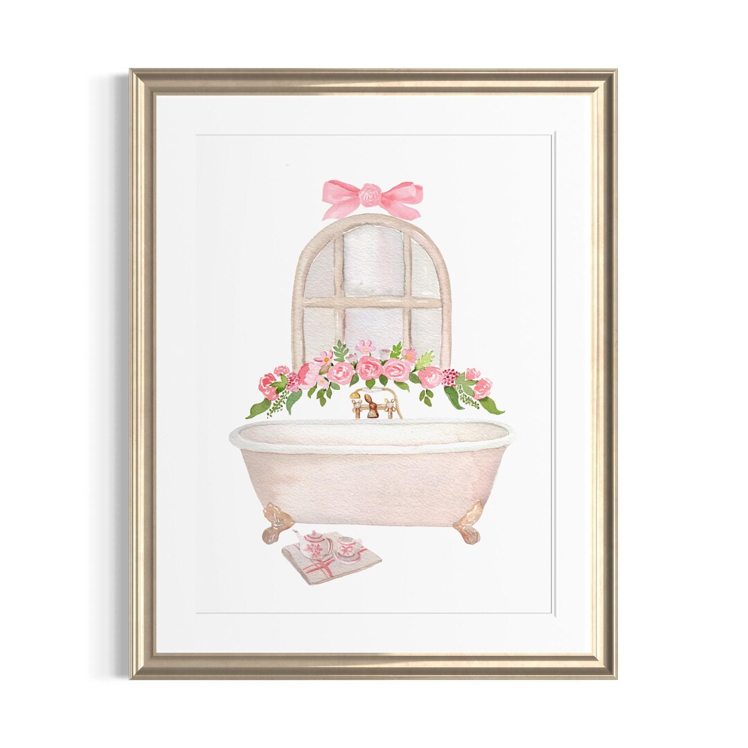 Pink Floral Vintage Bathroom Watercolor Art Print Girls Wall Decor - Etsy
