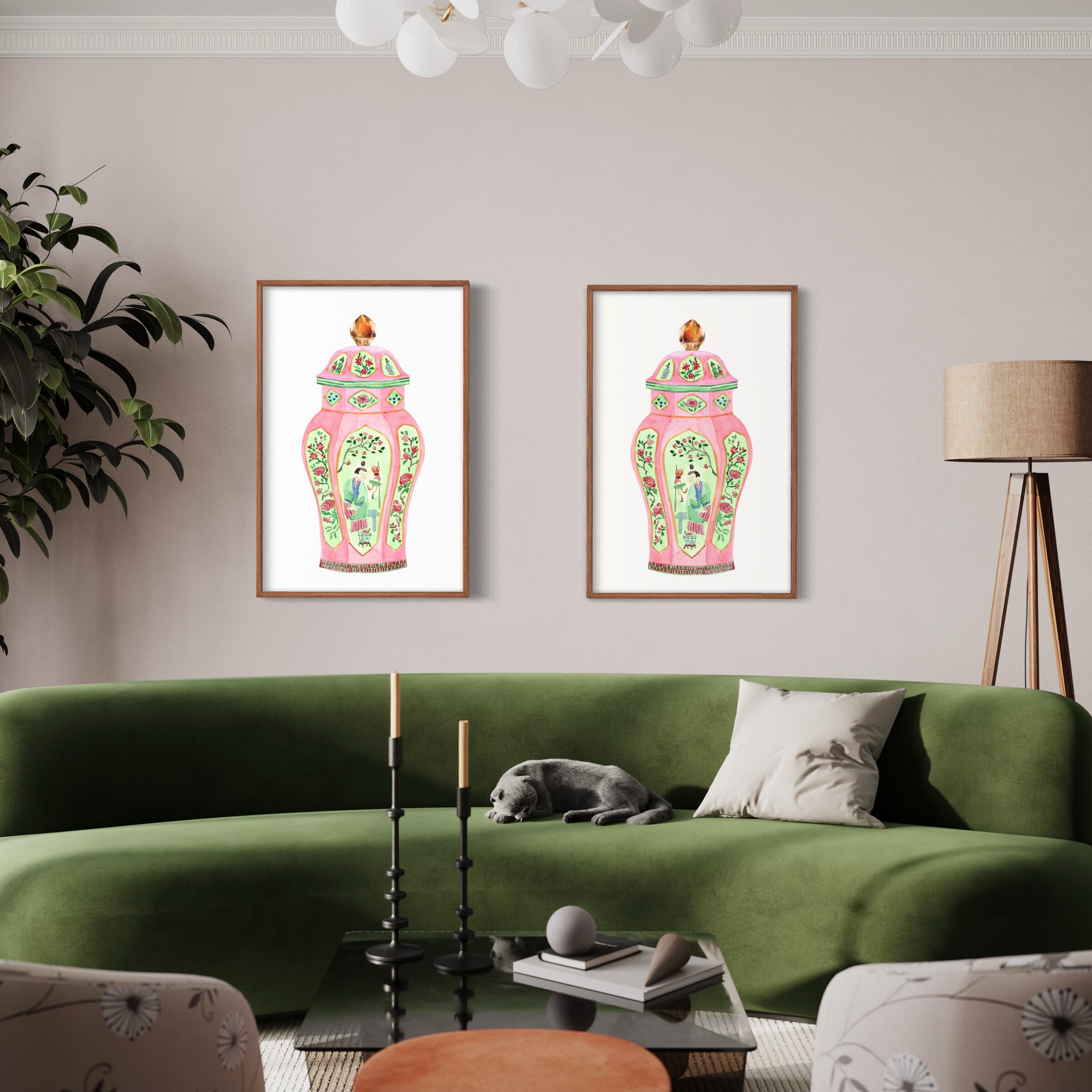 Pink Chinoiserie Ginger Jar Vase Set of 2 Vintage Living Room Etsy