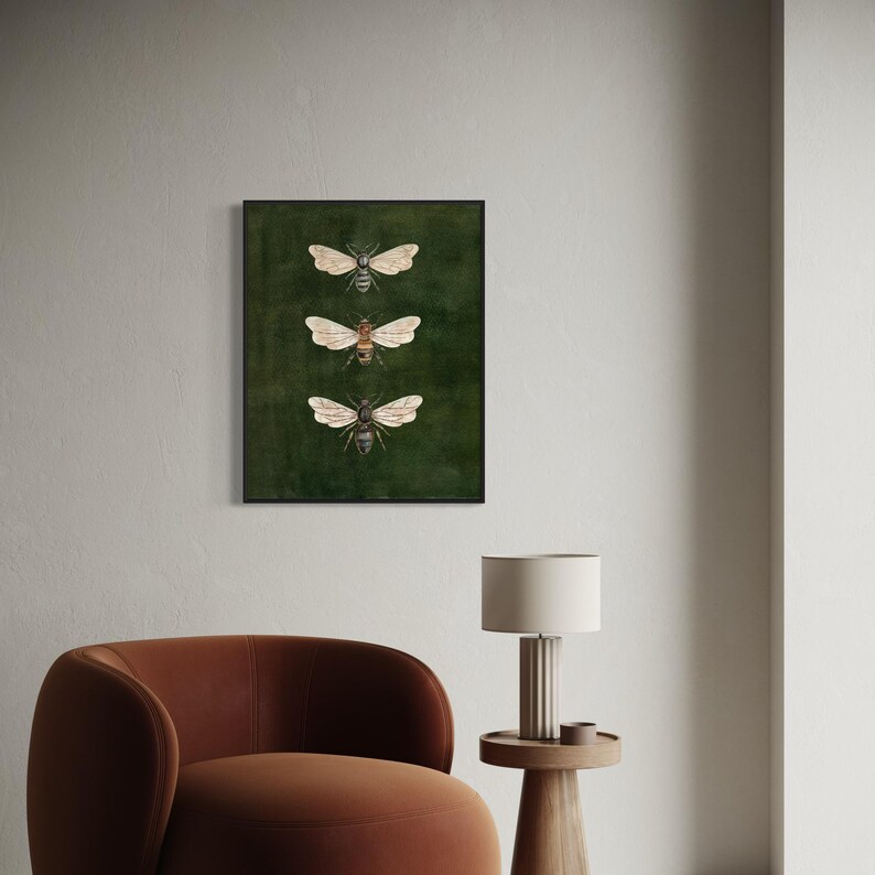 May include: A rectangular wall art print featuring three detailed illustrations of bees arranged vertically. The bees are rendered in shades of brown, tan, and black, set against a solid, deep forest green background within a thin black frame.