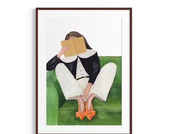 Minimalist Woman Reading Book Wall Art, Watercolor Painting