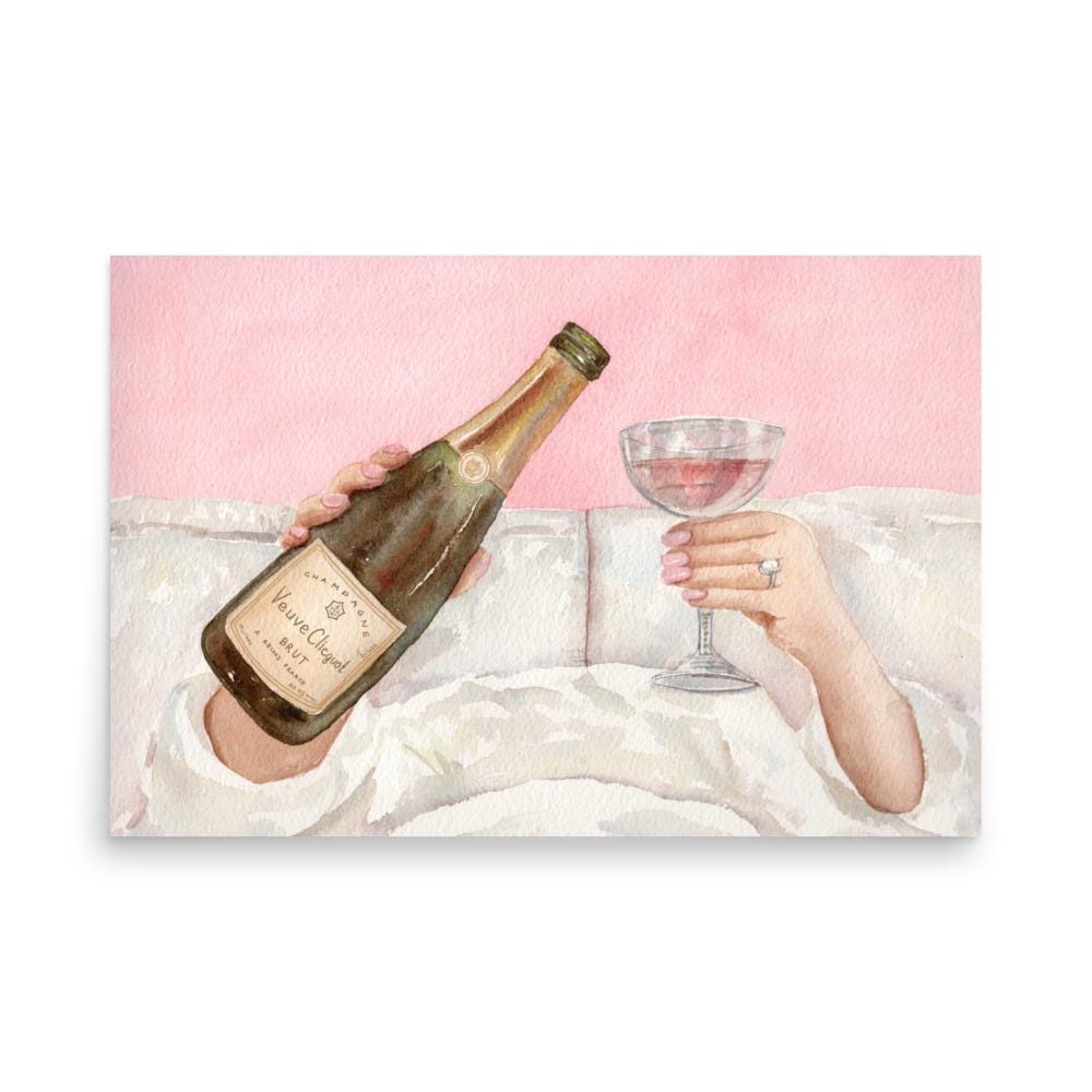 Bottle Of Champagne In Bed Wall Art, Watercolor Painting, Bar Cart Print, Girly Wall Art, Trendy Pink Print, Wine In Bed Print