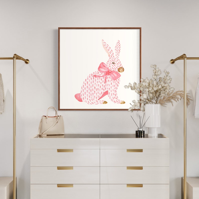 Pink Rabbit and Bow Painting, Watercolor Bunny Print, Pink Bow Art, Chinoiserie Wall Art, Nursery Wall Print, Girls Room Decor, Asian Print image 7