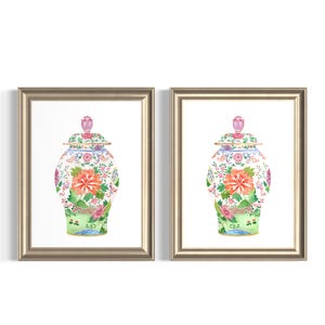 Chinoiserie Ginger Jar Prints Set of 2 – Pink & Orange Pagoda Wall Art