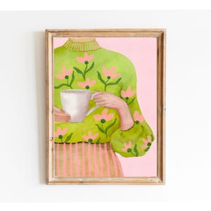 Donna astratta con tazza di tè, dipinto ad acquerello, arte murale verde e rosa, stampa contemporanea, tazza di caffè, stampa artistica di donna smeraldo