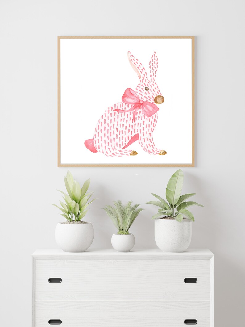 Pink Rabbit and Bow Painting, Watercolor Bunny Print, Pink Bow Art, Chinoiserie Wall Art, Nursery Wall Print, Girls Room Decor, Asian Print image 8