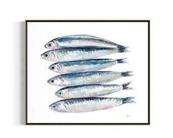Sardines Watercolor Art Print Trendy Wall Decor Hand-Painted Illustration