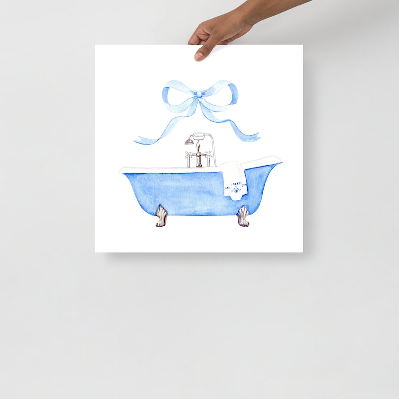 Blue Bathroom Bow  Watercolor Art Print, Blue Bathtub, Gift For Her, Vintage Bathroom Art, Farmhouse Bathroom, Bathtub Painting, Blue Art