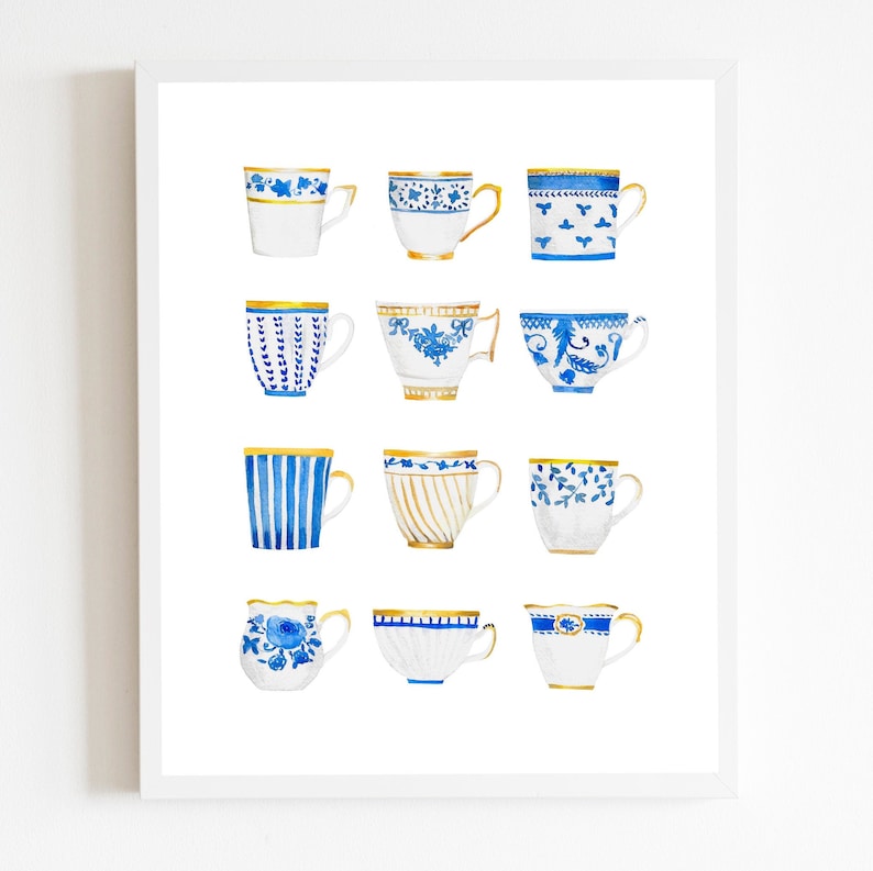 teacups-art-print-blue-and-white-watercolor-painting-etsy