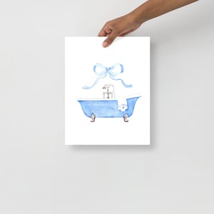 Blue Bathroom Bow  Watercolor Art Print, Blue Bathtub, Gift For Her, Vintage Bathroom Art, Farmhouse Bathroom, Bathtub Painting, Blue Art