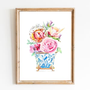 Watercolor Flowers Chinoiserie Home Decor Wall Art Flower Wall Art Flower Illustration Watercolor Pions  Bleu White Decor Asian Vases Print