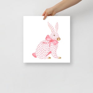 Pink Rabbit and Bow Painting, Watercolor Bunny Print, Pink Bow Art, Chinoiserie Wall Art, Nursery  Wall Print, Girls Room Decor