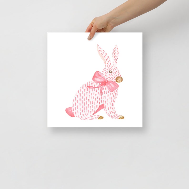 Pink Rabbit and Bow Painting, Watercolor Bunny Print, Pink Bow Art, Chinoiserie Wall Art, Nursery  Wall Print, Girls Room Decor