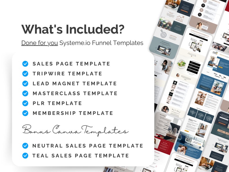 Systeme.io template bundle Systemeio bundle opt-in lead magnet tripwire sales page Systeme io template Masterclass Template PLR Template membership
what's included