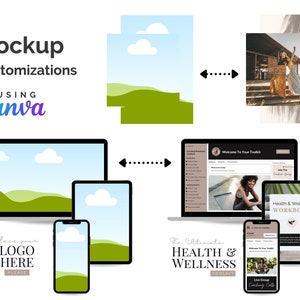 May include: Mockup of a website and mobile app design for a health and wellness toolkit. The website features a welcome guide, coaching schedule, and a link to join a group coaching call. The mobile app features a health and wellness workbook. The mockup is customizable using Canva.