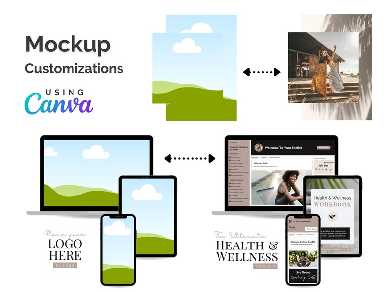 May include: Mockup of a website and mobile app design for a health and wellness toolkit. The website features a welcome guide, coaching schedule, and a link to join a group coaching call. The mobile app features a health and wellness workbook. The mockup is customizable using Canva.