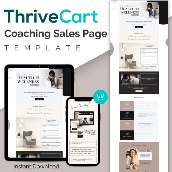 Plantilla neutral de página de ventas de ThriveCart Página de inicio del curso de ThriveCart Plantilla de entrenador de embudo de ventas del curso en línea Plantilla de ThriveCart beige