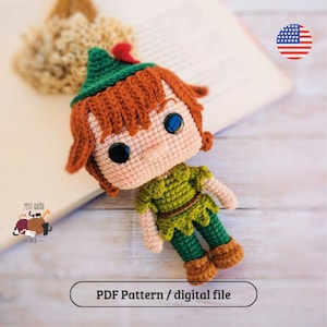 May include: A crocheted doll depicting a character with red hair, a green hat, and a green outfit. The doll has large black eyes and a small nose. The text "PDF Pattern / digital file" is below the doll.