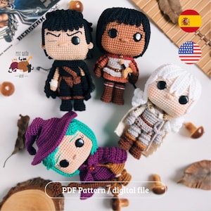 May include: A collection of four handmade crochet dolls with large black eyes. The dolls have various outfits and hairstyles, including a witch with a purple hat and a warrior with a sword. The image includes the text "PDF Pattern / digital file".