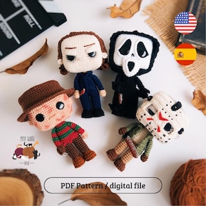 May include: Handmade crochet dolls of iconic horror movie characters: Michael Myers, Ghostface, Freddy Krueger, and Jason Voorhees. Each doll features distinctive outfits and facial details. The image includes the text "PDF Pattern / digital file".