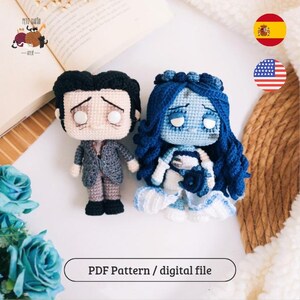 May include: Two handmade crochet dolls, one male and one female, inspired by a movie. The male doll wears a gray suit, while the female doll is in a blue wedding dress. The text "PDF Pattern / digital file" is at the bottom.