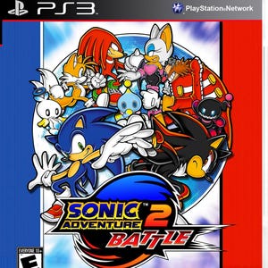 Könnte beinhalten: Ein Videospielcover für Sonic Adventure 2: Battle für die PlayStation 3. Das Cover zeigt Sonic the Hedgehog, Shadow the Hedgehog, Knuckles the Echidna, Rouge the Bat, Tails the Fox, Amy Rose und ein Chao. Das Spiel ist von der ESRB mit 'Everyone 10+' bewertet.