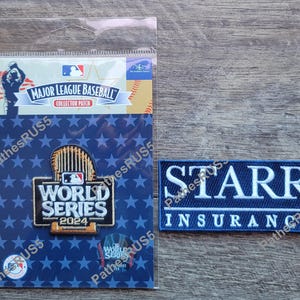 May include: A blue and white embroidered patch with the text "World Series 2024" and a baseball logo. A blue and white embroidered patch with the text "Starr Insurance" is also shown.