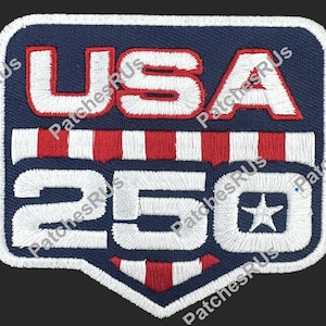 May include: Embroidered patch with a navy blue background, white border, and white stitching. The patch features the text "USA 250" in white and red, with a star in the zero. The design includes red and white stripes.