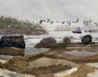May include: A watercolor painting of a rocky shoreline with a small boat in the distance. The sky is a light gray, and there are a few birds flying overhead. The rocks are a dark brown color, and the water is a light blue.