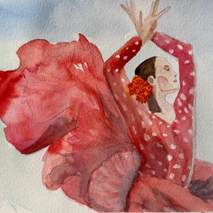 Carmen&#39;s Bloom - Flamenco Dancer Watercolor Painting - Spanish Woman in Red Dress - Passionate Dance Painting