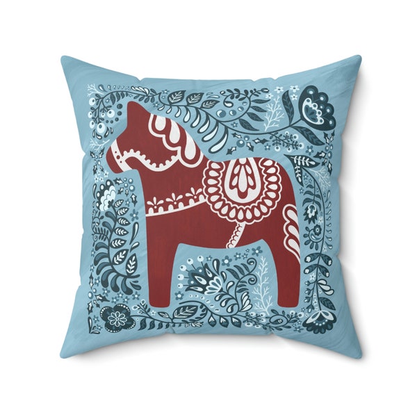 Dala Horse Square Throw Pillow Cover - Case Only - Light Blue with Zipper Closure - Swedish Folk Home decor Decoration - house warming gift