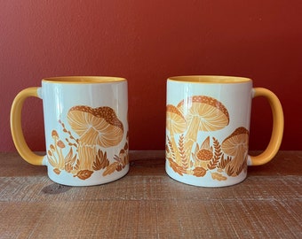 Forest Floor Mushroom Coffee Mug– Autumn Fern Leaf Tea Mug, Orange Mushroom Mug, Mustard Mushroom Gift, Mushroom Engagement Gift, Eclectic