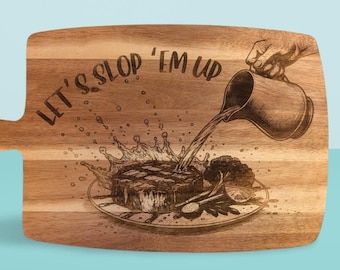 Truffoni's Restaurant "Let’s Slop Em Up" Acacia Cutting Board – A Tribute to the ITYSL Sloppy Steaks Skit, Wood Serving and Prep Board