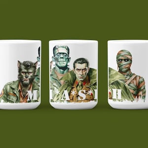 Monster Mash-up Tribute 15oz Mug Blending Classic Cinema Icons with Army Show Vibes