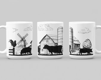 Farmhouse Style Coffee 15oz Mug with Vintage Barnyard Scene in Black and White – Rustic Country Kitchen Decor for Farmhouse Lovers