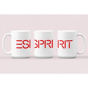 May include: Three white ceramic mugs arranged in a row, each featuring a portion of the red text ESPIRIT printed horizontally across the front. The first mug shows ESI, the second shows SPRI, and the third shows RIT, creating a continuous brand name.