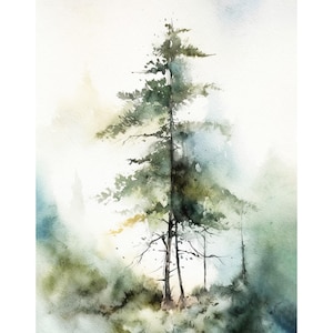 Pine Tree Watercolor Painting Misty Forest Landscape Evergreen Tree Poster Green Gray Neutral Wall Art